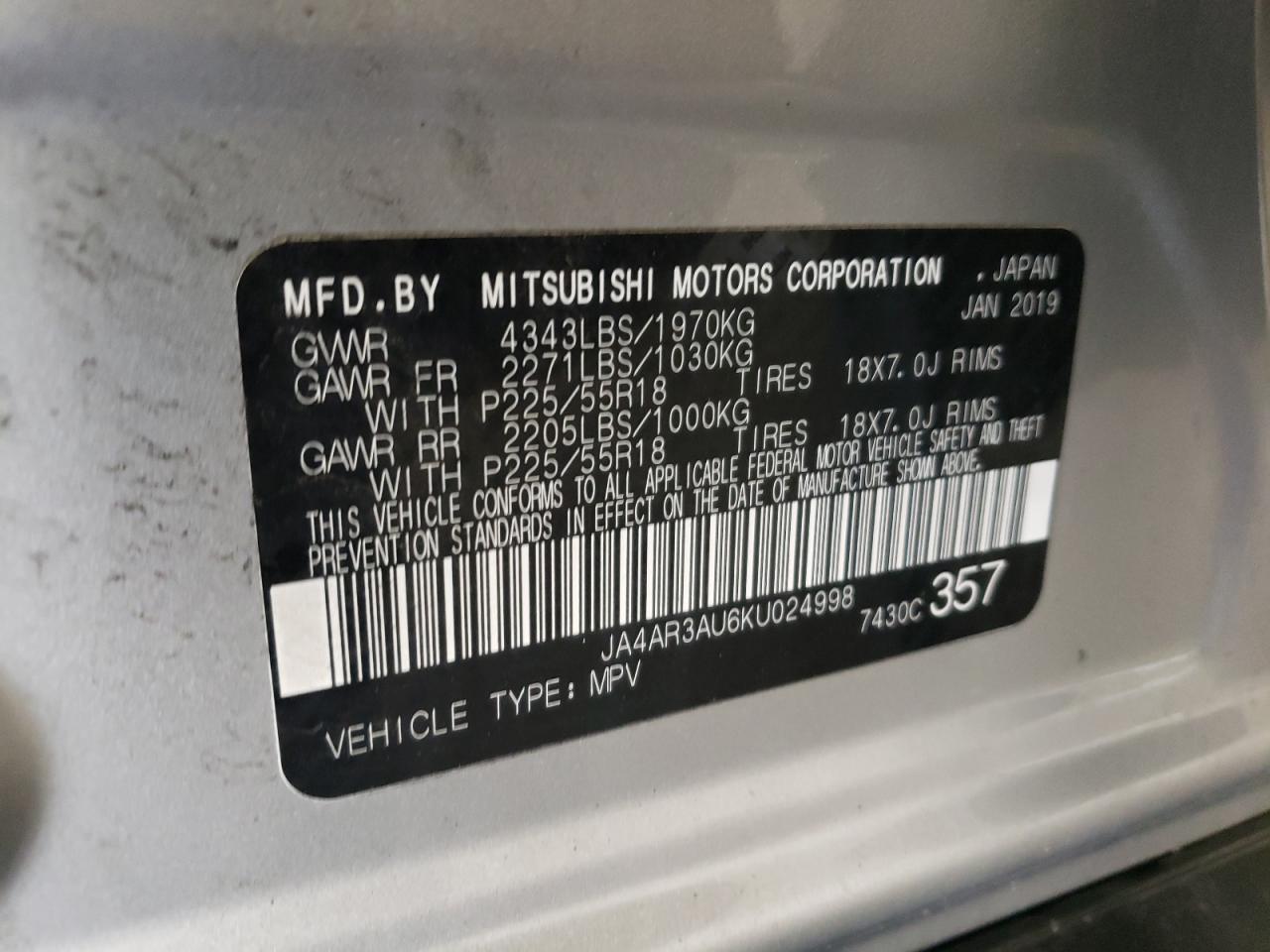 Photo 10 from auction – 2019 MITSUBISHI OUTLANDER with VIN JA4AR3AU6KU024998