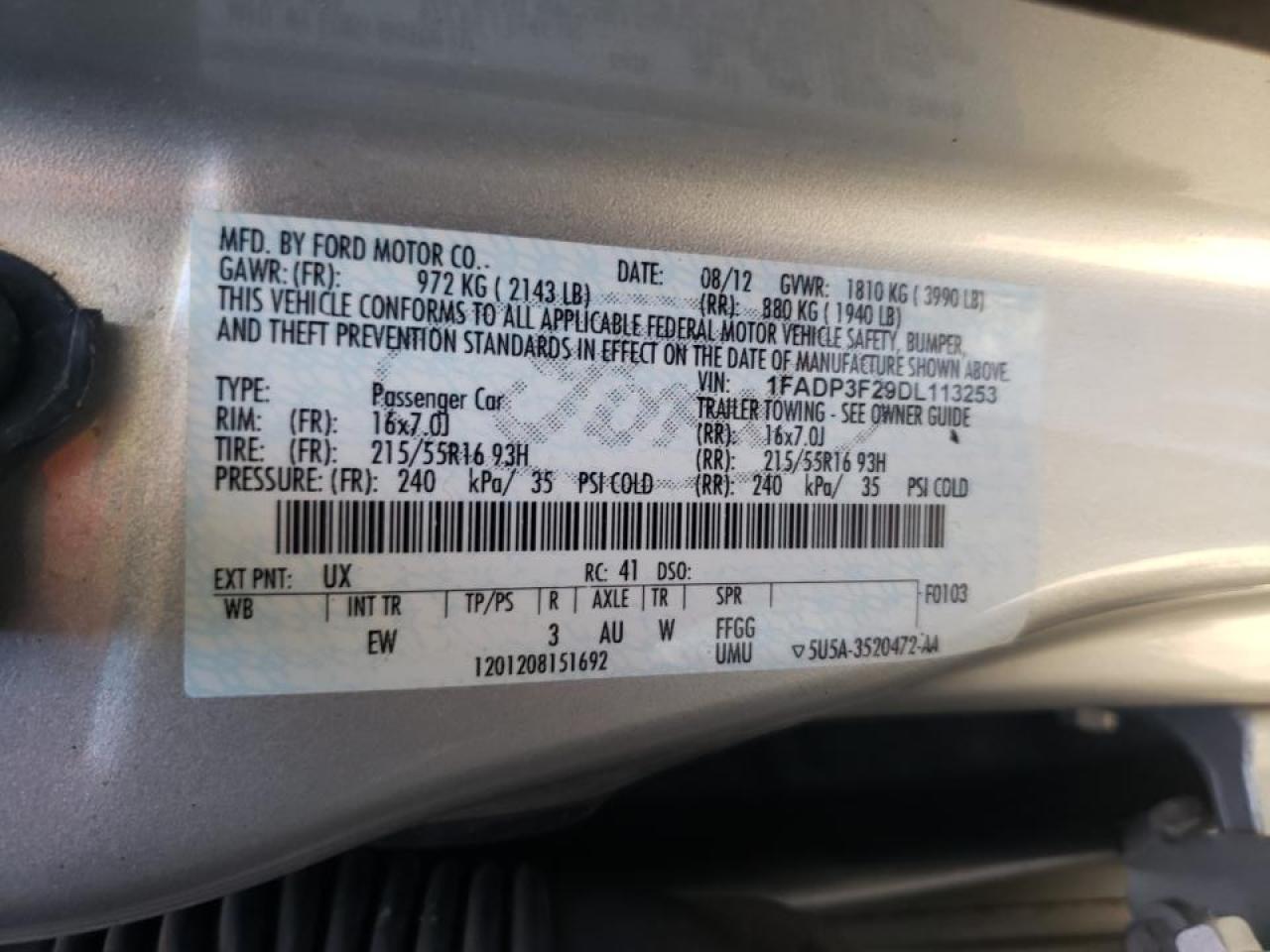 Photo 10 from auction – 2013 FORD FOCUS SE with VIN 1FADP3F29DL113253