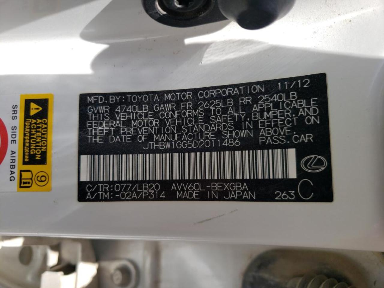 Photo 10 from auction – 2013 LEXUS ES 300H with VIN JTHBW1GG5D2011486