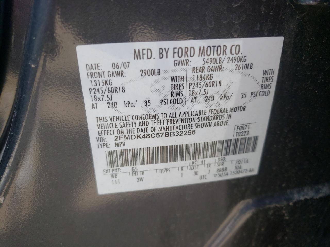 Photo 10 from auction – 2007 FORD EDGE SEL with VIN 2FMDK48C57BB32256