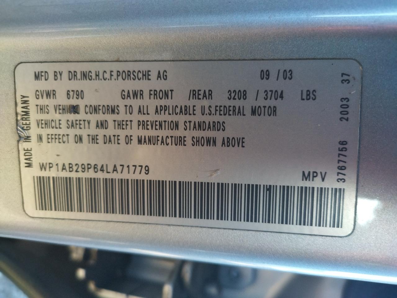 Photo 10 from auction – 2004 PORSCHE CAYENNE S with VIN WP1AB29P64LA71779