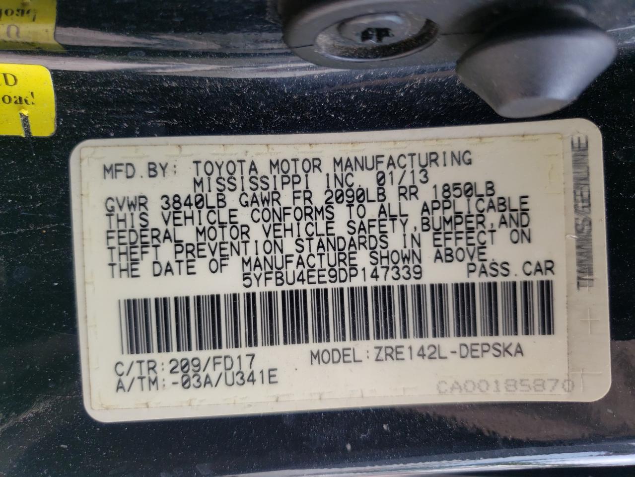 Foto 10 de la subasta – 2013 TOYOTA COROLLA BA con VIN 5YFBU4EE9DP147339