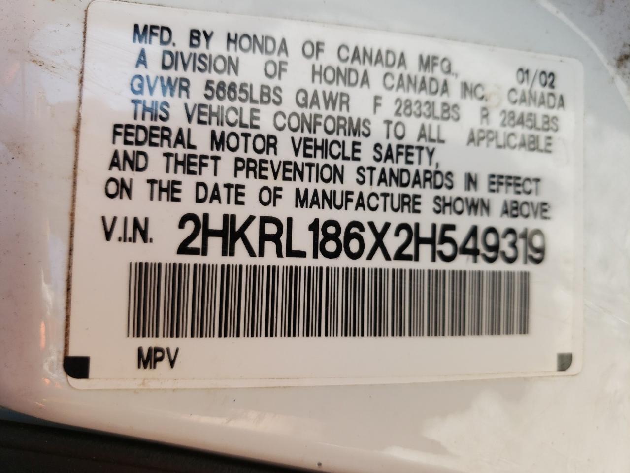 Photo 10 from auction – 2002 HONDA ODYSSEY EX with VIN 2HKRL186X2H549319