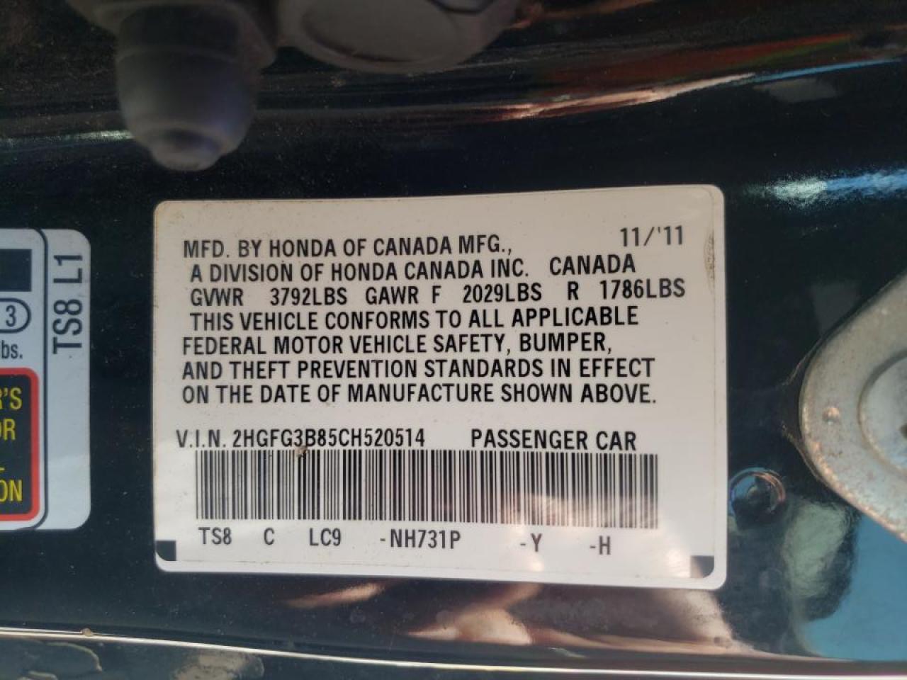 Photo 10 from auction – 2012 HONDA CIVIC EX with VIN 2HGFG3B85CH520514