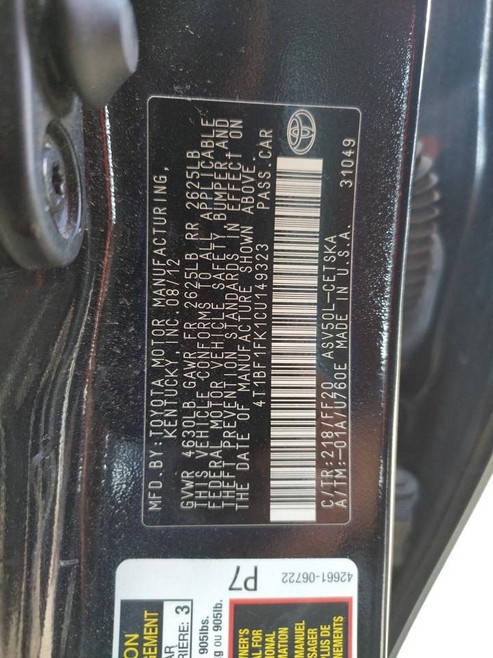 Photo 10 from auction – 2012 TOYOTA CAMRY BASE with VIN 4T1BF1FK1CU149323