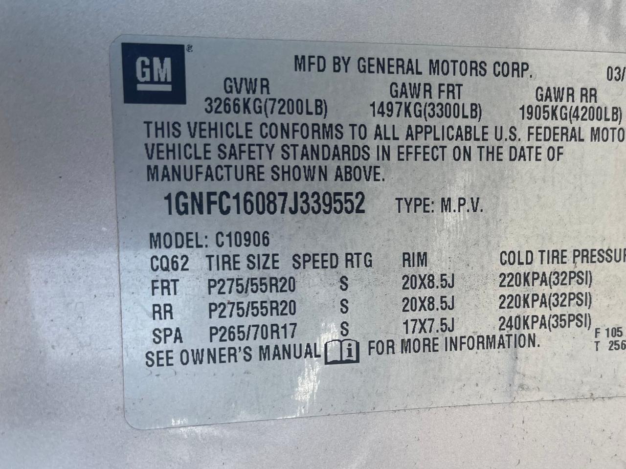 Photo 10 from auction – 2007 CHEVROLET SUBURBAN C with VIN 1GNFC16087J339552