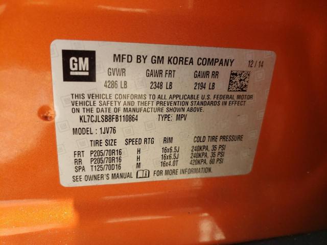 Photo 10 from auction – 2015 CHEVROLET TRAX 1LT with VIN KL7CJLSB8FB110864