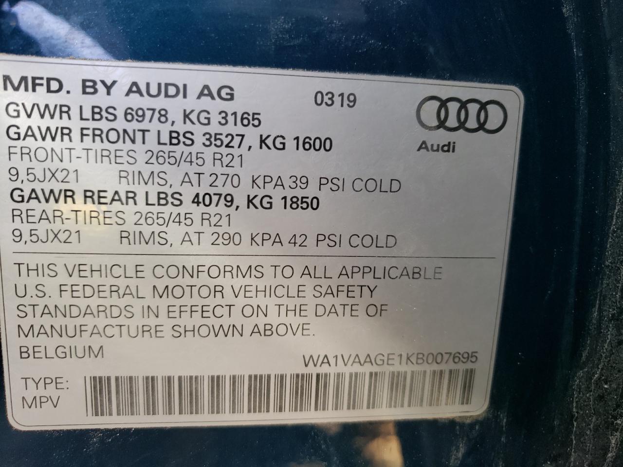 Photo 10 from auction – 2019 AUDI E-TRON PRE with VIN WA1VAAGE1KB007695