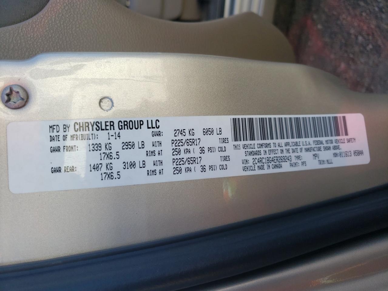 Photo 10 from auction – 2014 CHRYSLER TOWN & COU with VIN 2C4RC1BG4ER269243