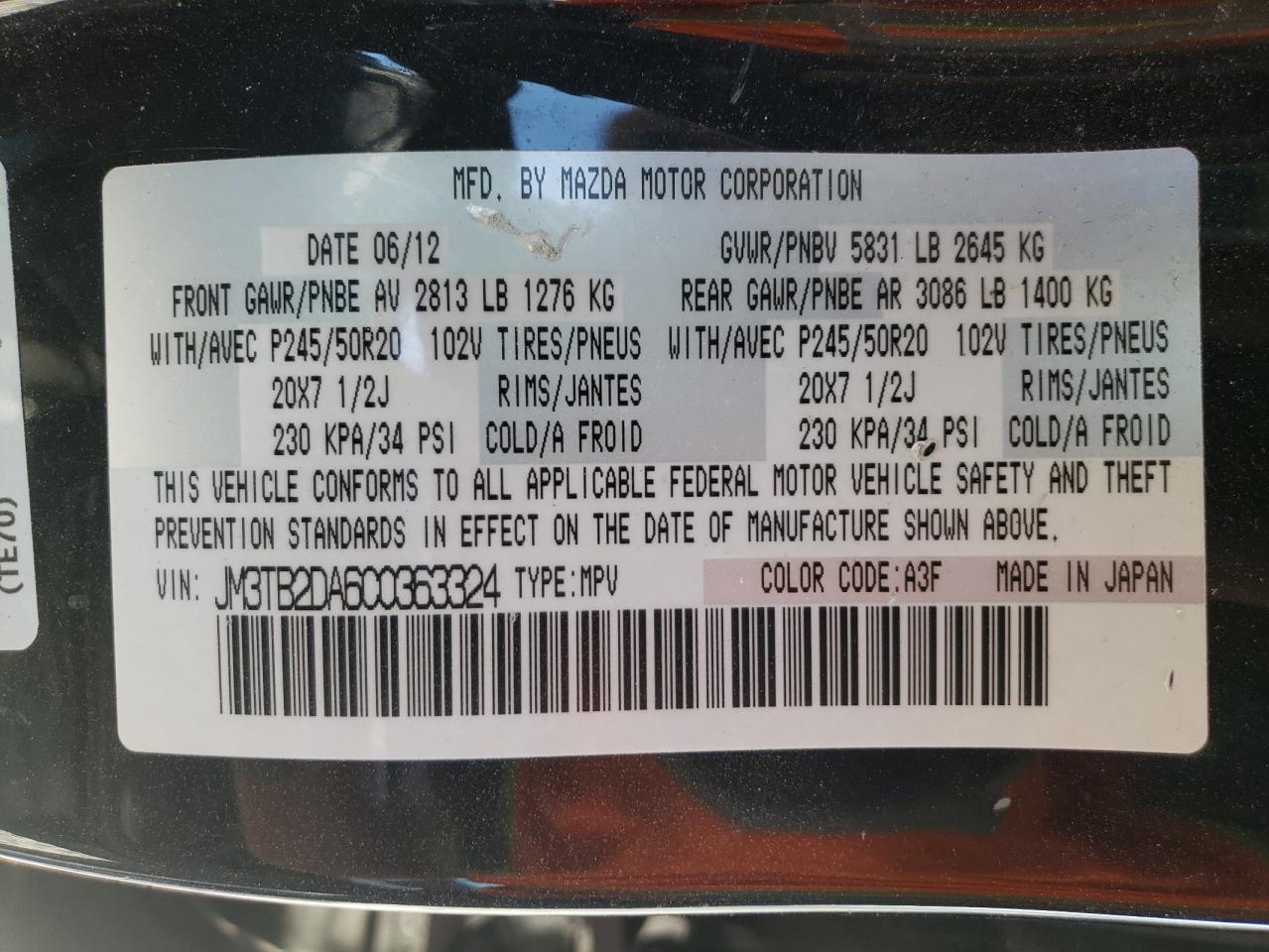 Photo 10 from auction – 2012 MAZDA CX-9 with VIN JM3TB2DA6C0363324