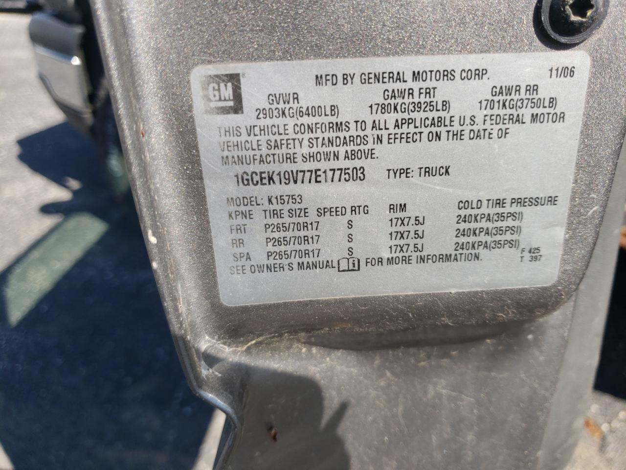 Photo 10 from auction – 2007 CHEVROLET SILVERADO with VIN 1GCEK19V77E177503