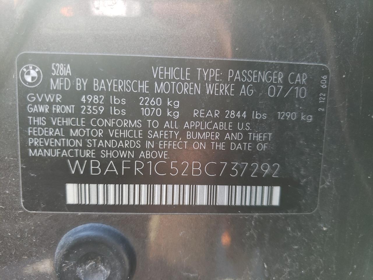 Photo 10 from auction – 2011 BMW 528 I with VIN WBAFR1C52BC737292