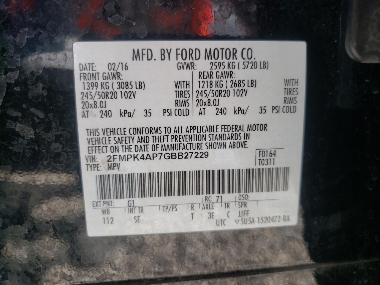 Photo 10 from auction – 2016 FORD EDGE SPORT with VIN 2FMPK4AP7GBB27229