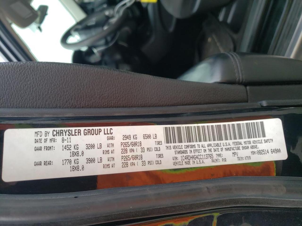Photo 10 from auction – 2012 DODGE DURANGO SX with VIN 1C4RDHAG4CC113765