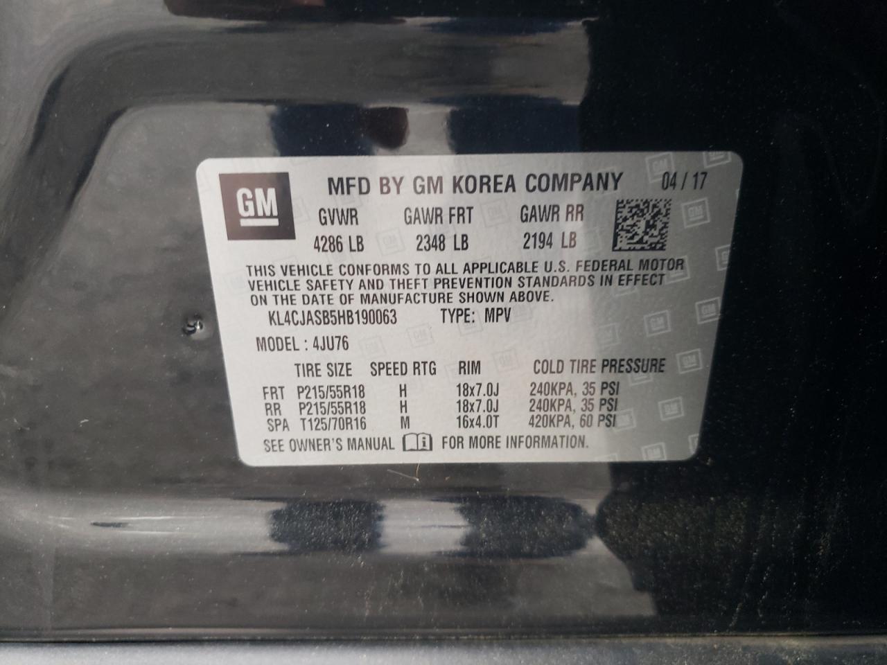 Photo 10 from auction – 2017 BUICK ENCORE PRE with VIN KL4CJASB5HB190063