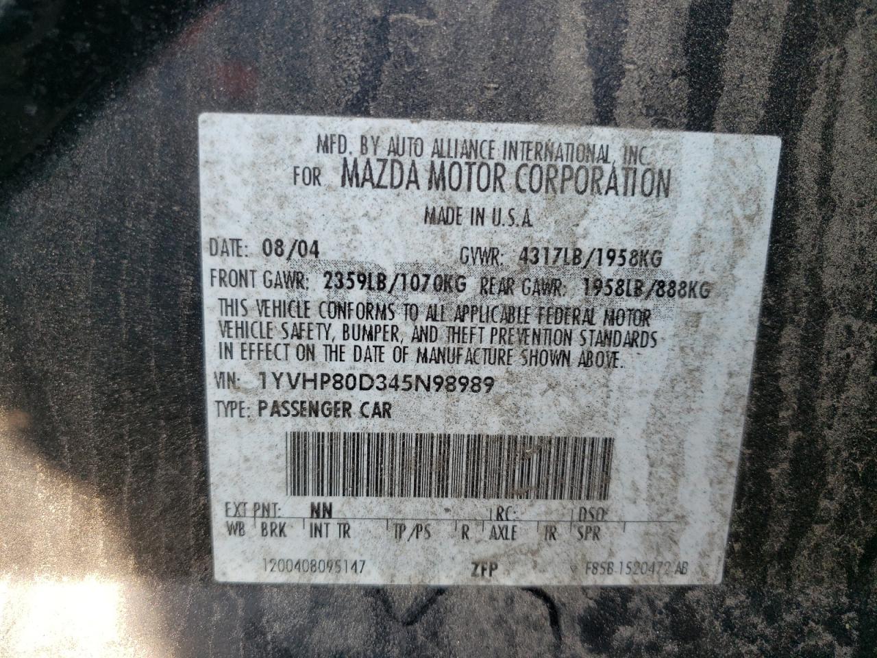 Photo 10 from auction – 2004 MAZDA 6 S with VIN 1YVHP80D345N98989