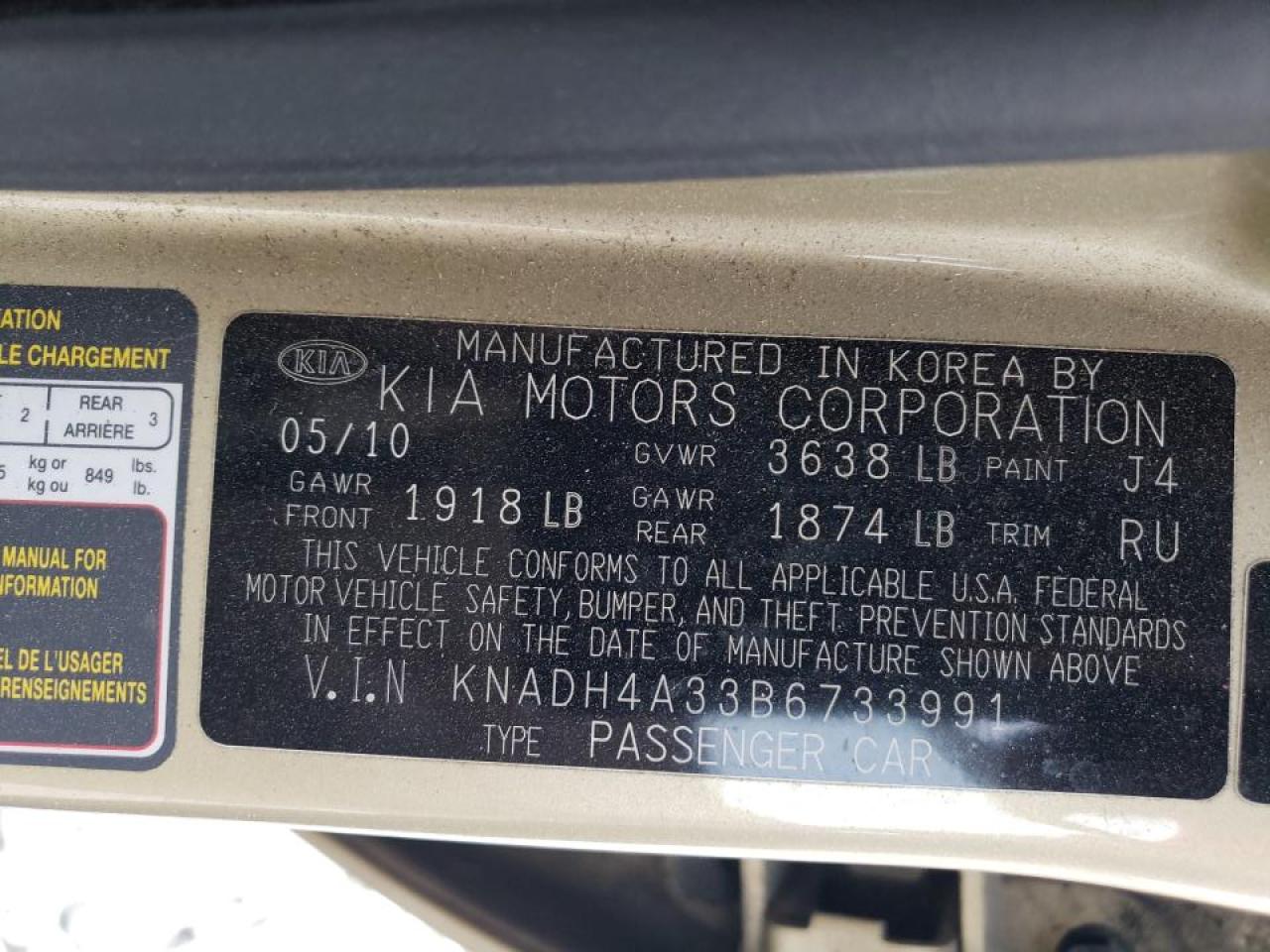 Photo 10 from auction – 2011 KIA RIO BASE with VIN KNADH4A33B6733991