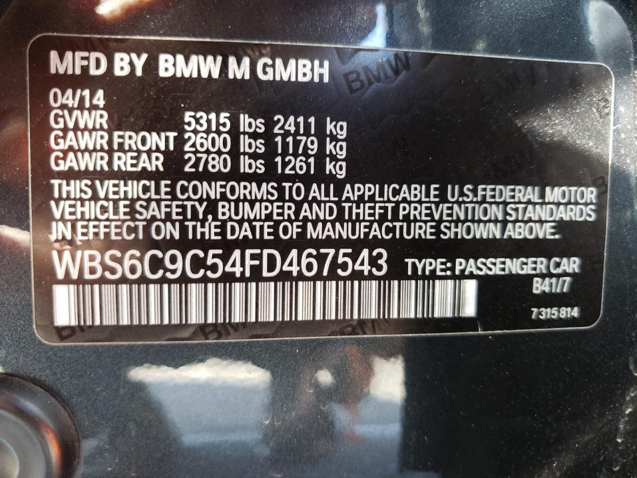 Photo 10 from auction – 2015 BMW M6 GRAN CO with VIN WBS6C9C54FD467543