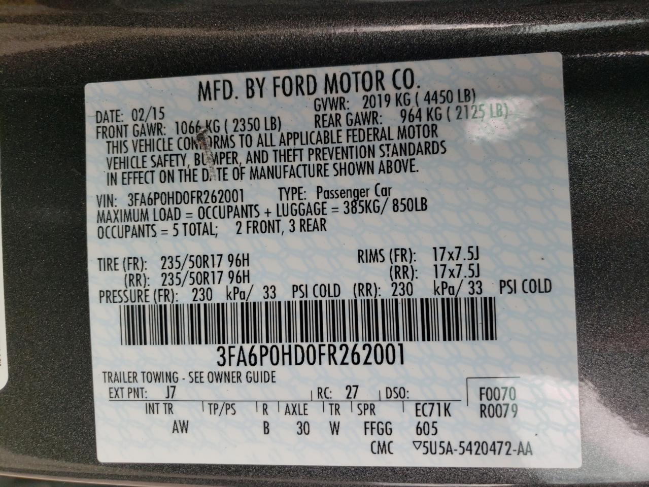 Photo 10 from auction – 2015 FORD FUSION with VIN 3FA6P0HD0FR262001