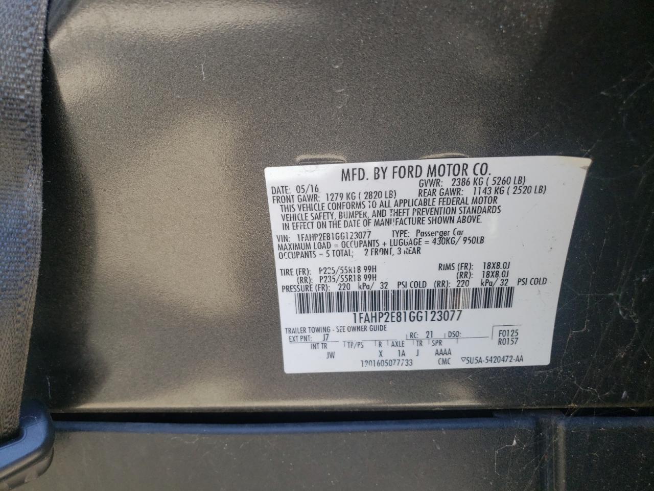 Photo 10 from auction – 2016 FORD TAURUS SEL with VIN 1FAHP2E81GG123077