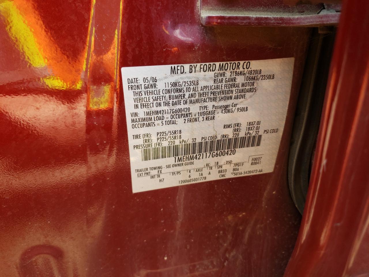 Photo 10 from auction – 2007 MERCURY MONTEGO PR with VIN 1MEHM42117G600420