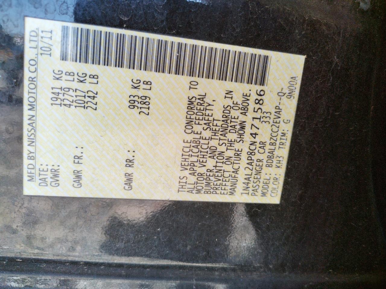 Photo 10 from auction – 2012 NISSAN ALTIMA BAS with VIN 1N4AL2AP8CN471586