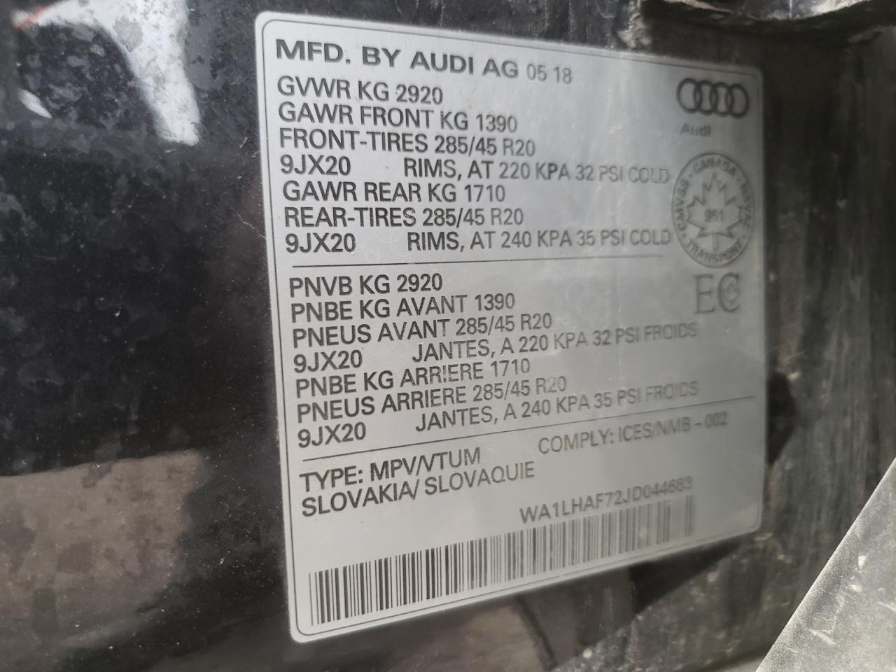 Photo 10 from auction – 2018 AUDI Q7 PREMIUM with VIN WA1LHAF72JD044683