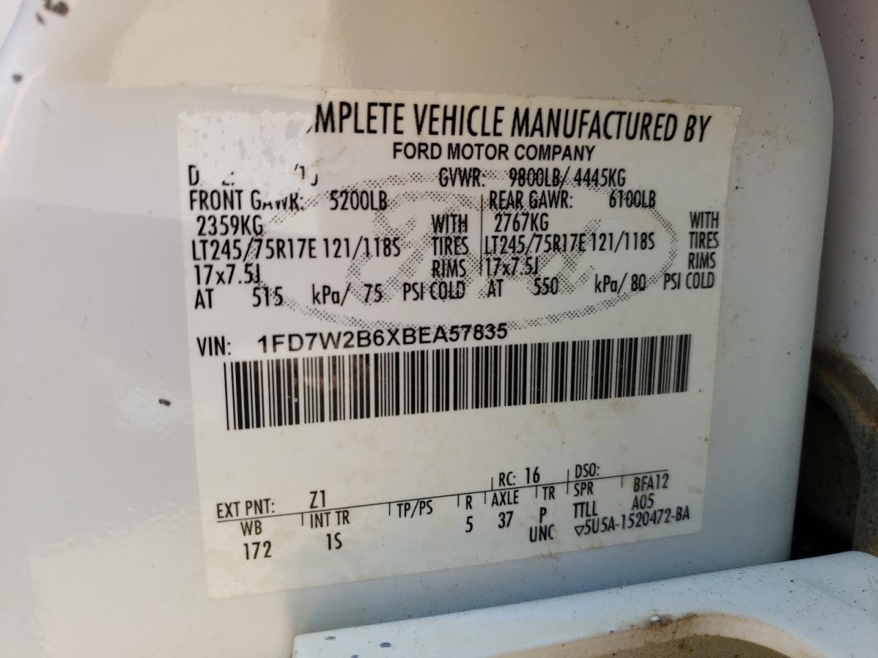 Photo 10 from auction – 2011 FORD F250 SUPER with VIN 1FD7W2B6XBEA57835