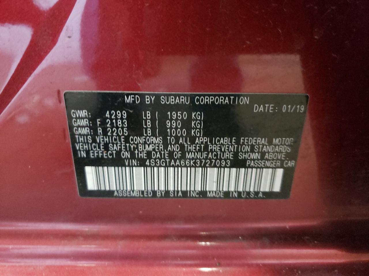 Photo 10 from auction – 2019 SUBARU IMPREZA with VIN 4S3GTAA66K3727093