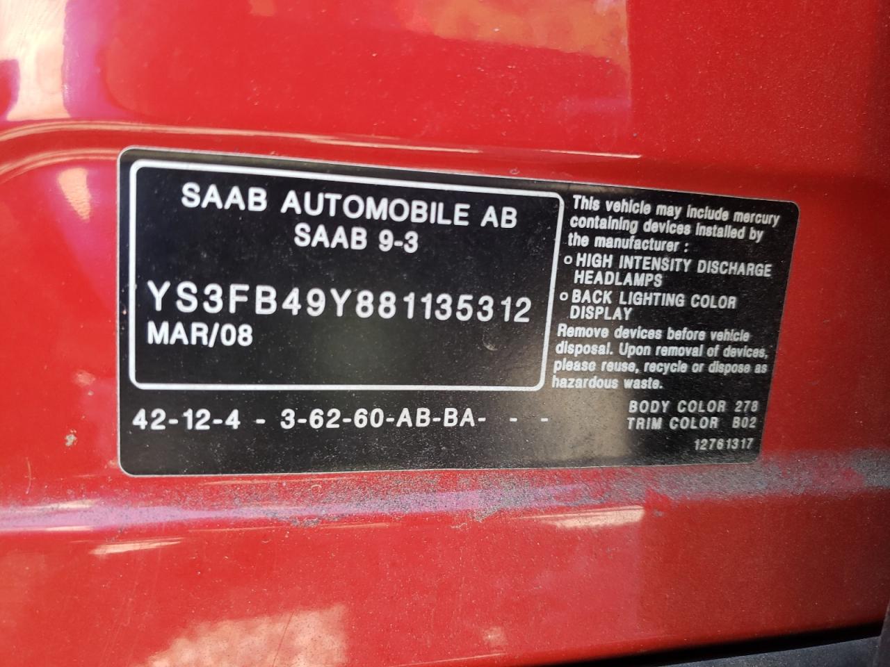 Photo 10 from auction – 2008 SAAB 9-3 2.0T with VIN YS3FB49Y881135312