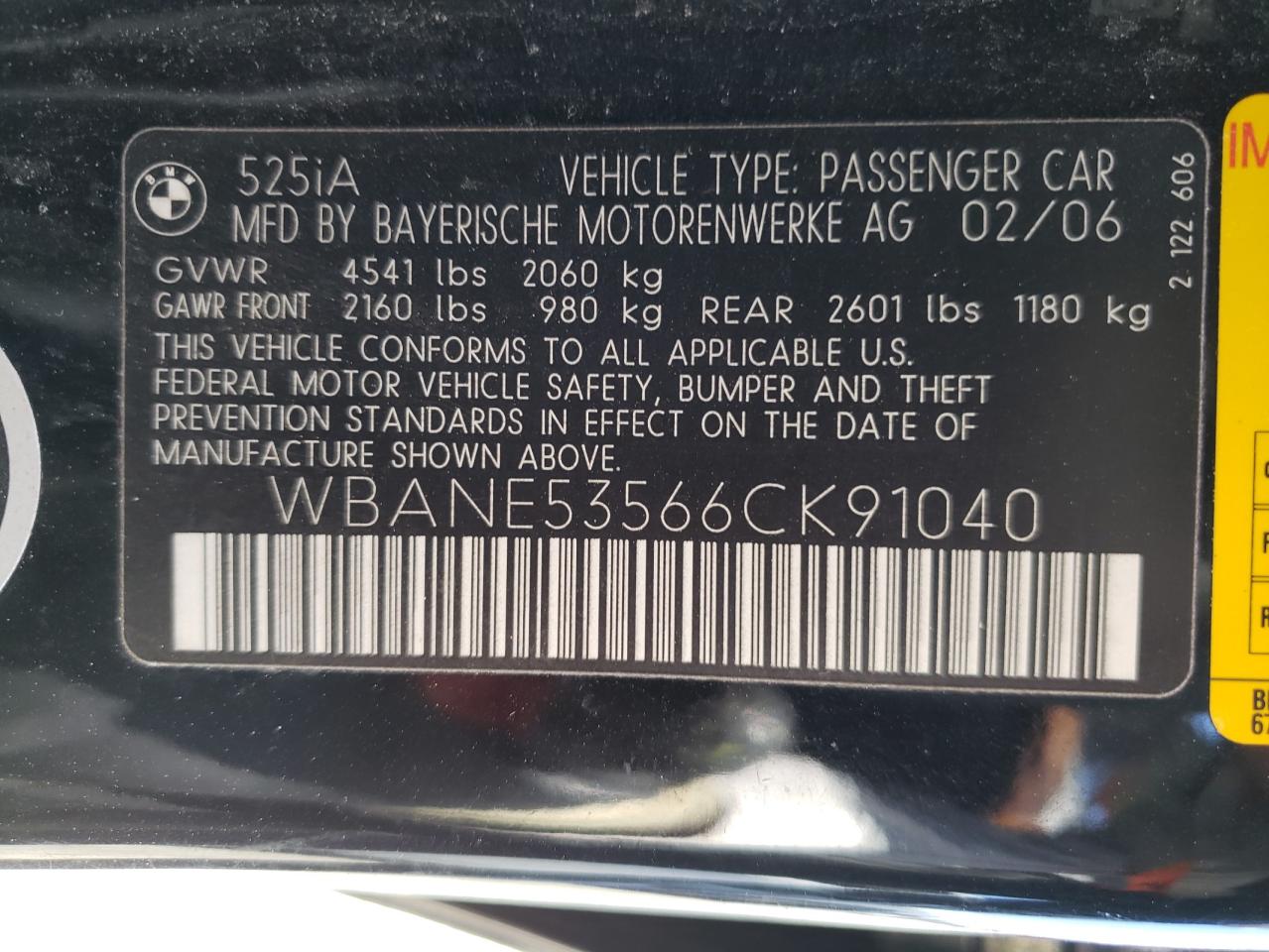 Photo 10 from auction – 2006 BMW 525 I with VIN WBANE53566CK91040