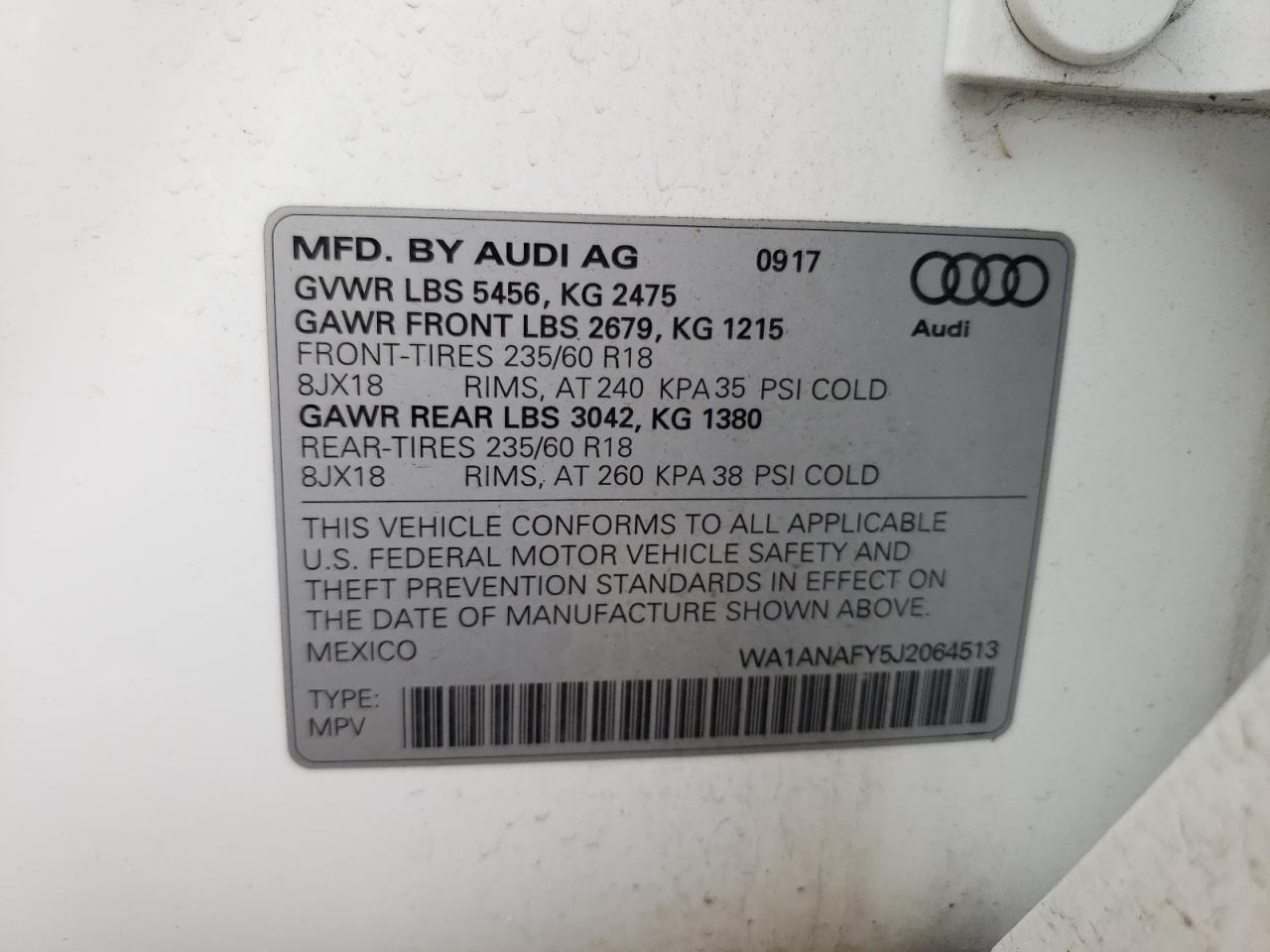 Photo 10 from auction – 2018 AUDI Q5 PREMIUM with VIN WA1ANAFY5J2064513