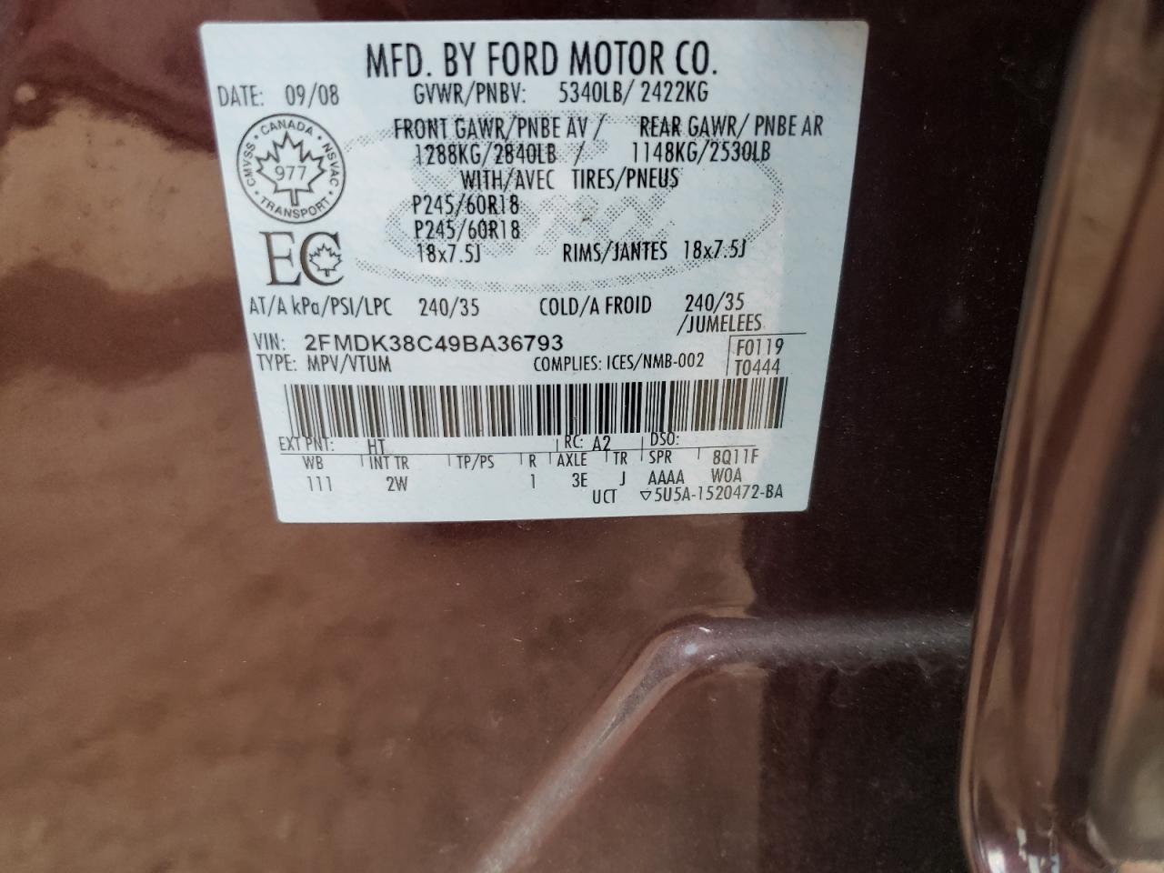 Photo 10 from auction – 2009 FORD EDGE SEL with VIN 2FMDK38C49BA36793
