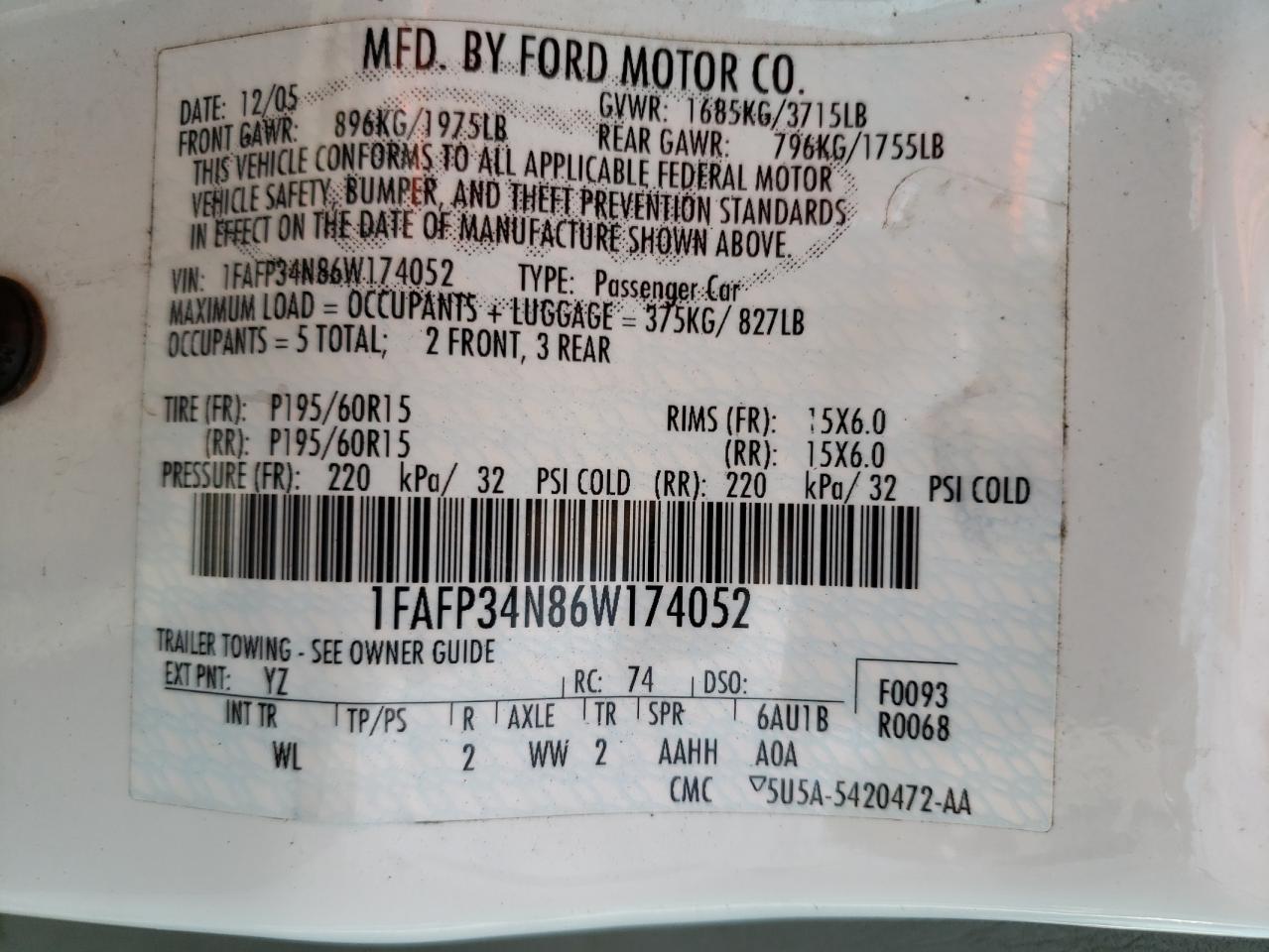 Photo 10 from auction – 2006 FORD FOCUS ZX4 with VIN 1FAFP34N86W174052