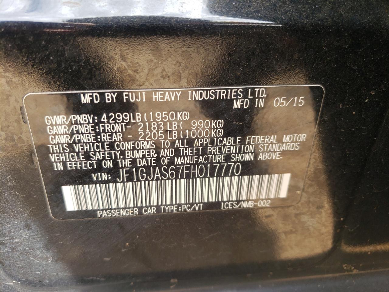 Photo 10 from auction – 2015 SUBARU IMPREZA SP with VIN JF1GJAS67FH017770