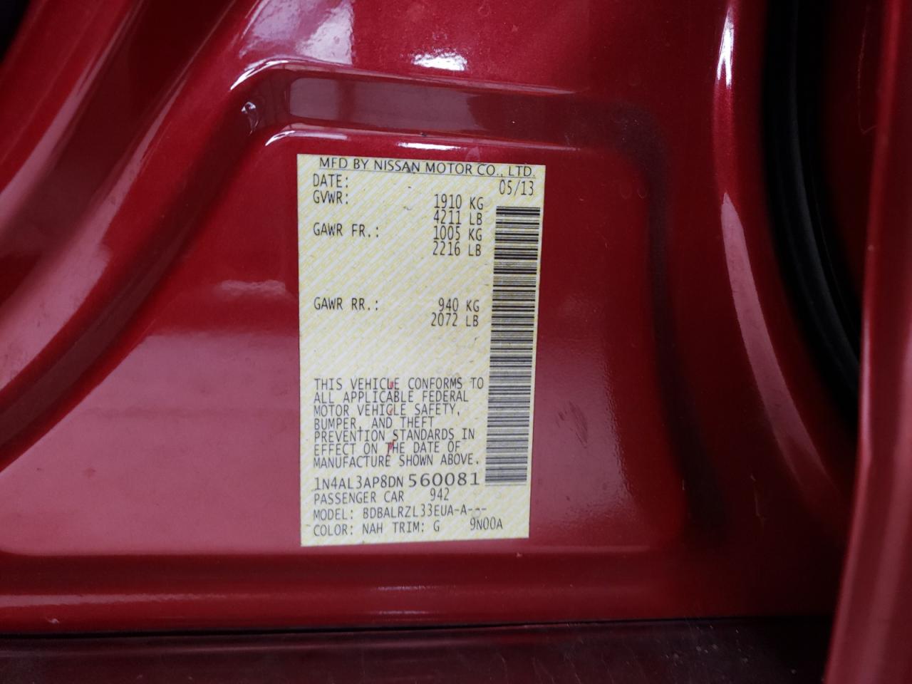 Photo 10 from auction – 2013 NISSAN ALTIMA 2.5 with VIN 1N4AL3AP8DN560081
