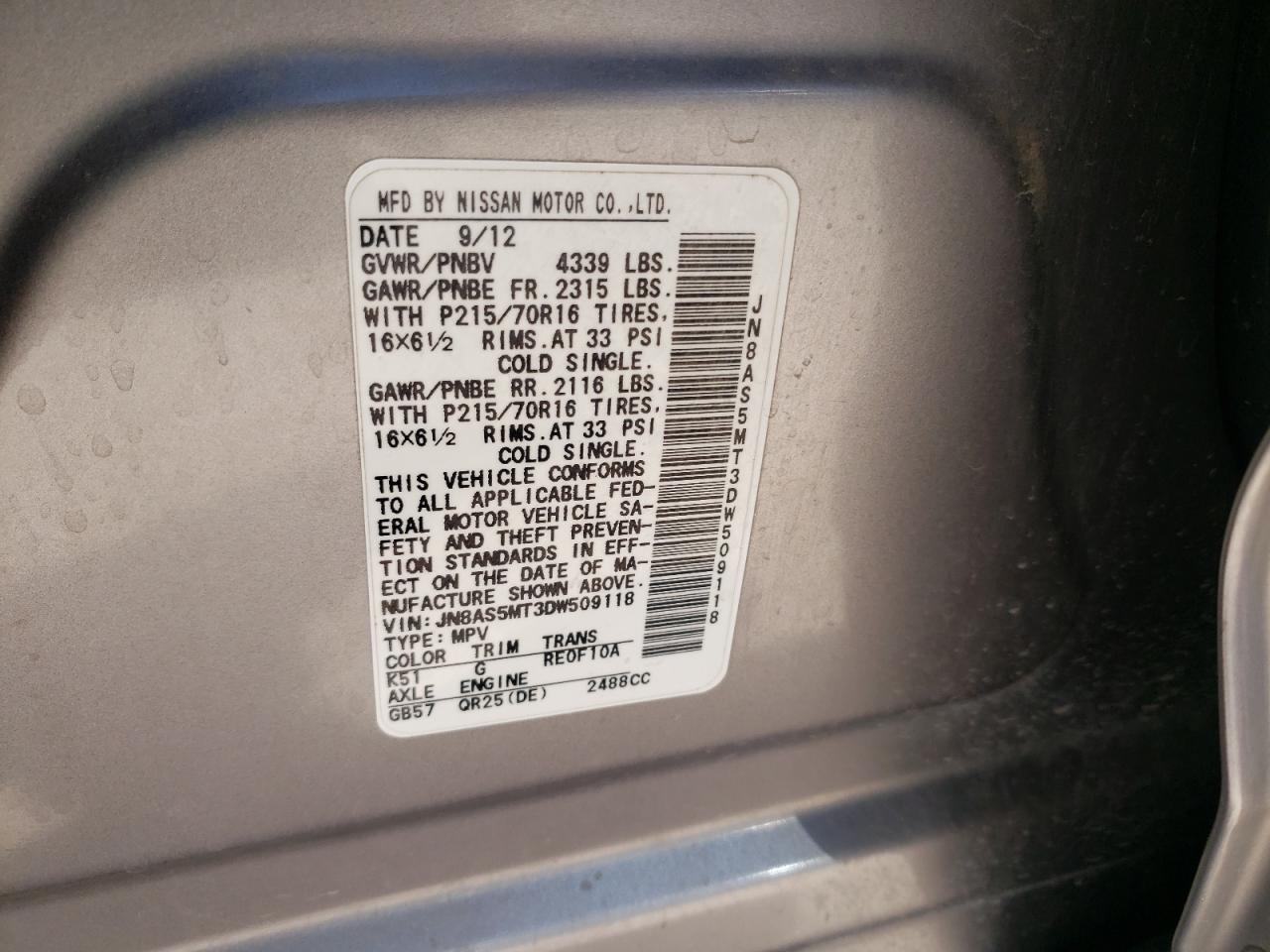 Photo 10 from auction – 2013 NISSAN ROGUE S with VIN JN8AS5MT3DW509118