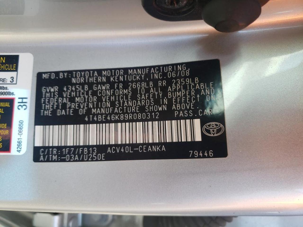 Photo 10 from auction – 2009 TOYOTA CAMRY BASE with VIN 4T4BE46K89R080312