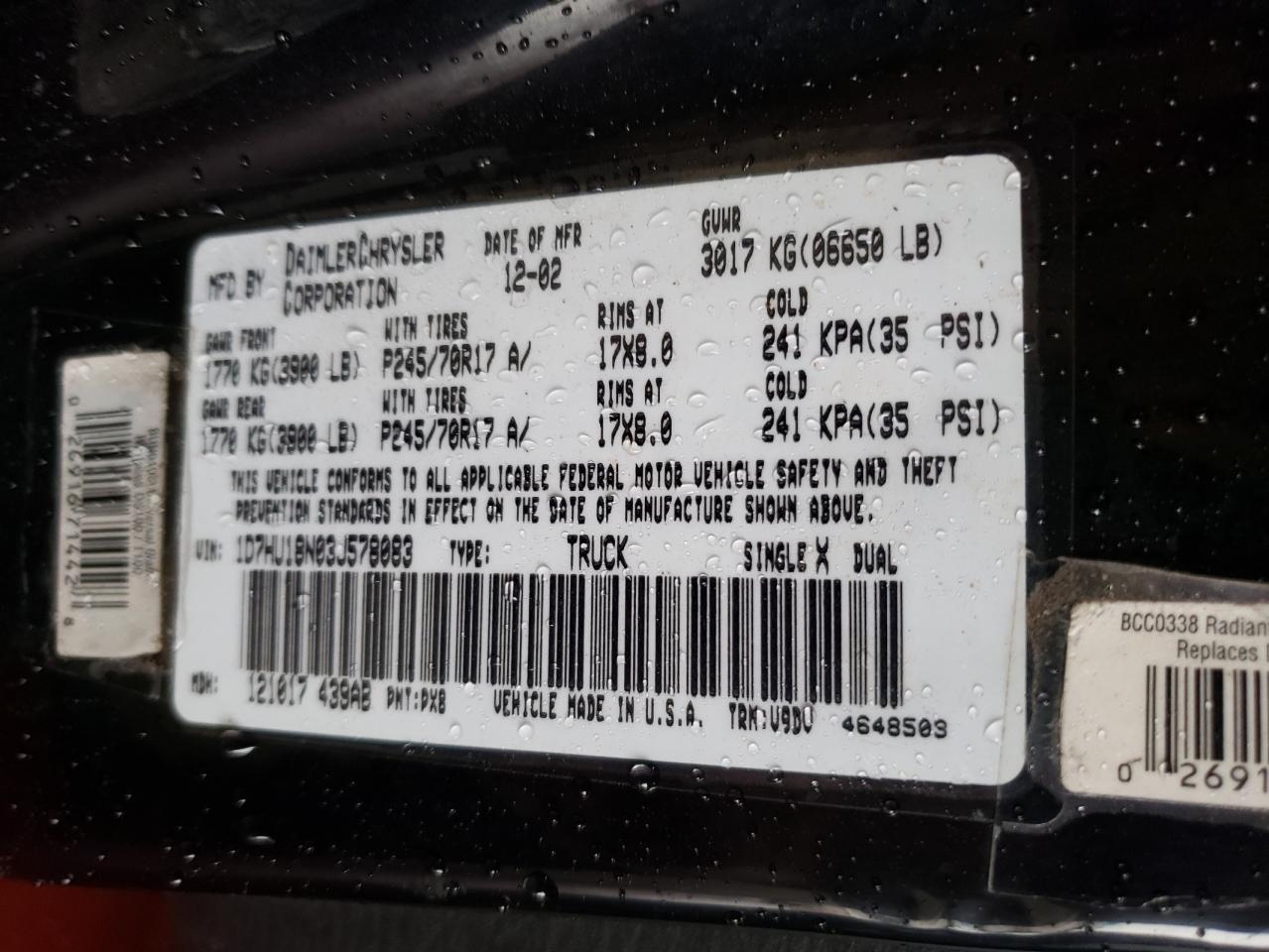 Photo 10 from auction – 2003 DODGE RAM 1500 S with VIN 1D7HU18N03J578083