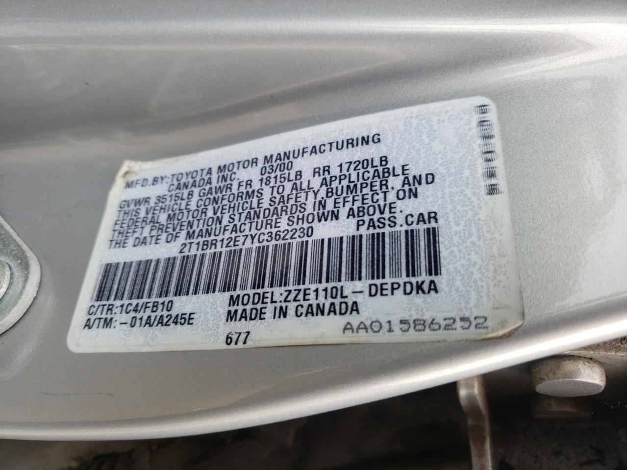 Photo 10 from auction – 2000 TOYOTA COROLLA VE with VIN 2T1BR12E7YC362230