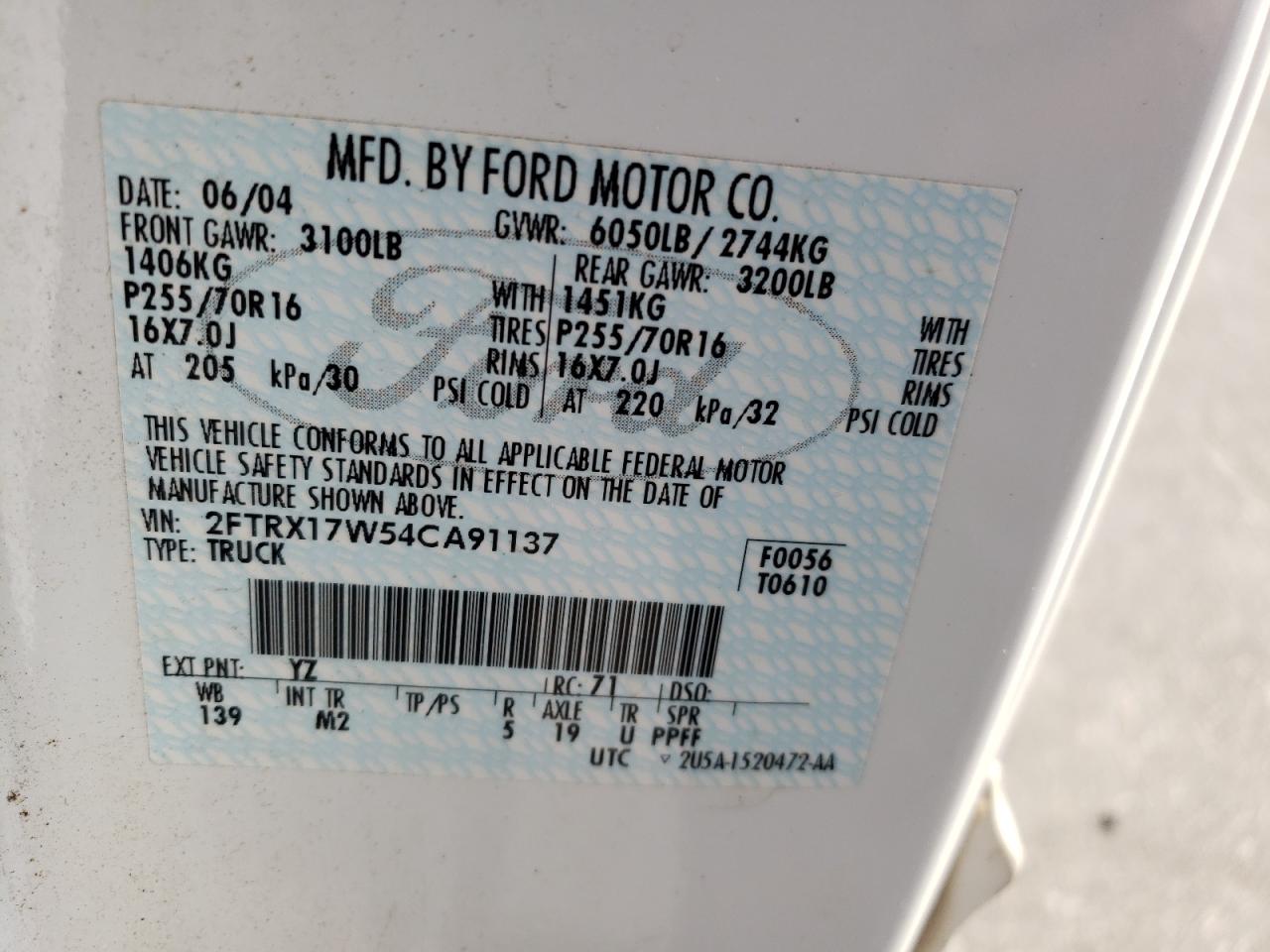 Photo 10 from auction – 2004 FORD F-150 HERI with VIN 2FTRX17W54CA91137