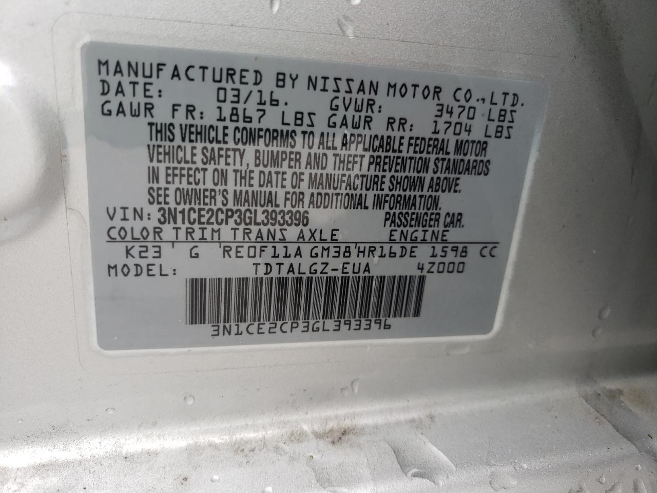 Photo 10 from auction – 2016 NISSAN VERSA NOTE with VIN 3N1CE2CP3GL393396