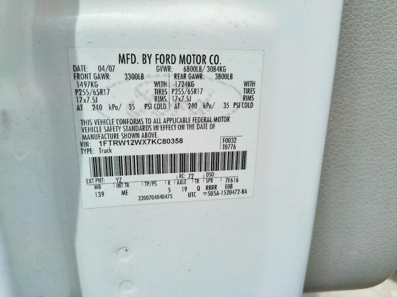 Photo 10 from auction – 2007 FORD F150 SUPER with VIN 1FTRW12WX7KC80358