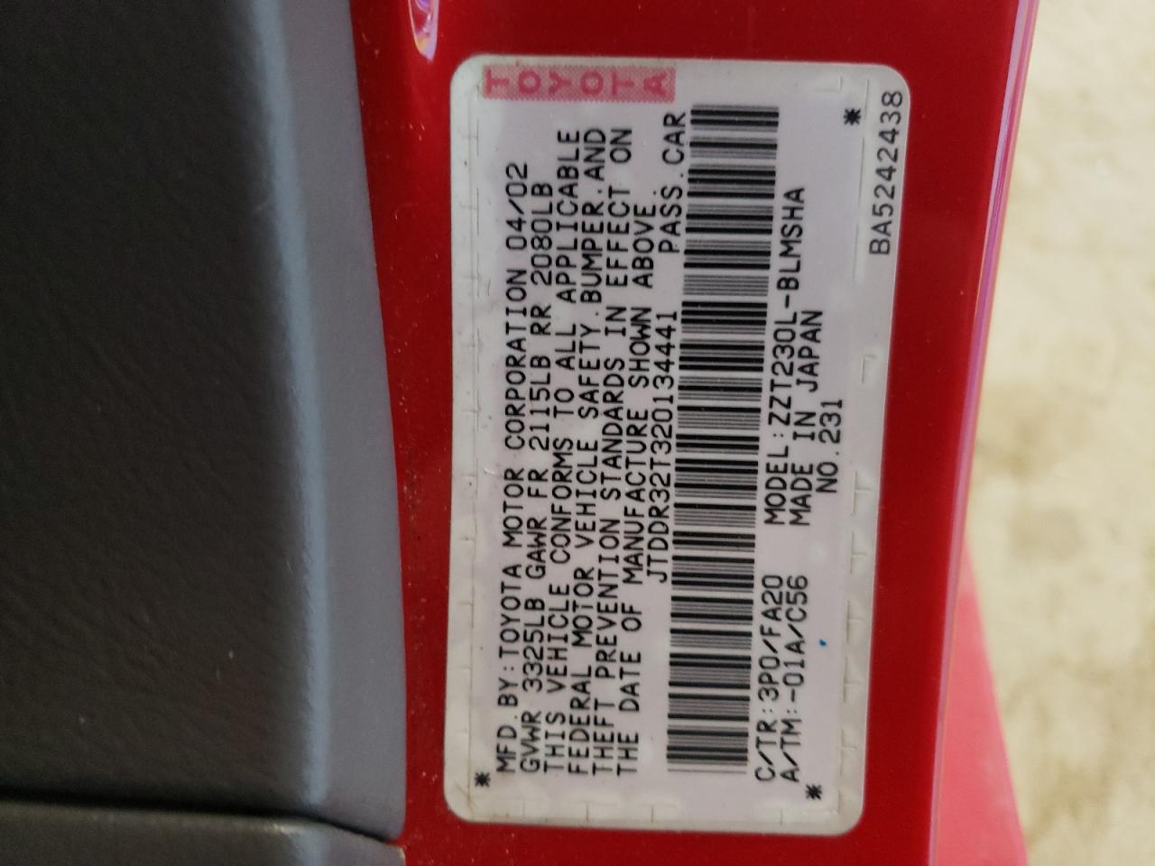 Photo 10 from auction – 2002 TOYOTA CELICA GT with VIN JTDDR32T320134441