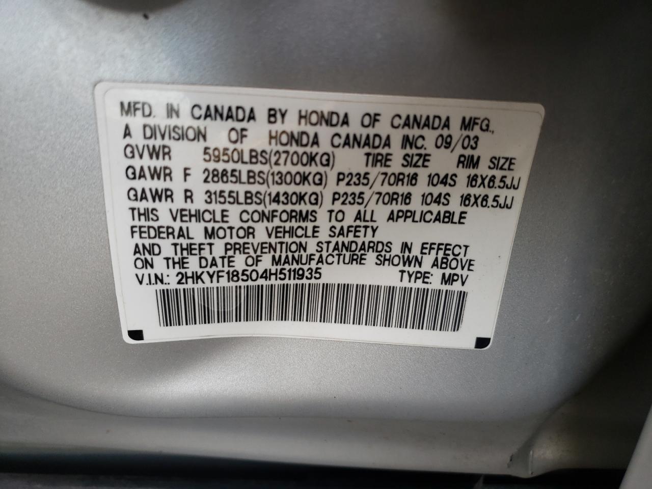 Photo 10 from auction – 2004 HONDA PILOT EXL with VIN 2HKYF18504H511935