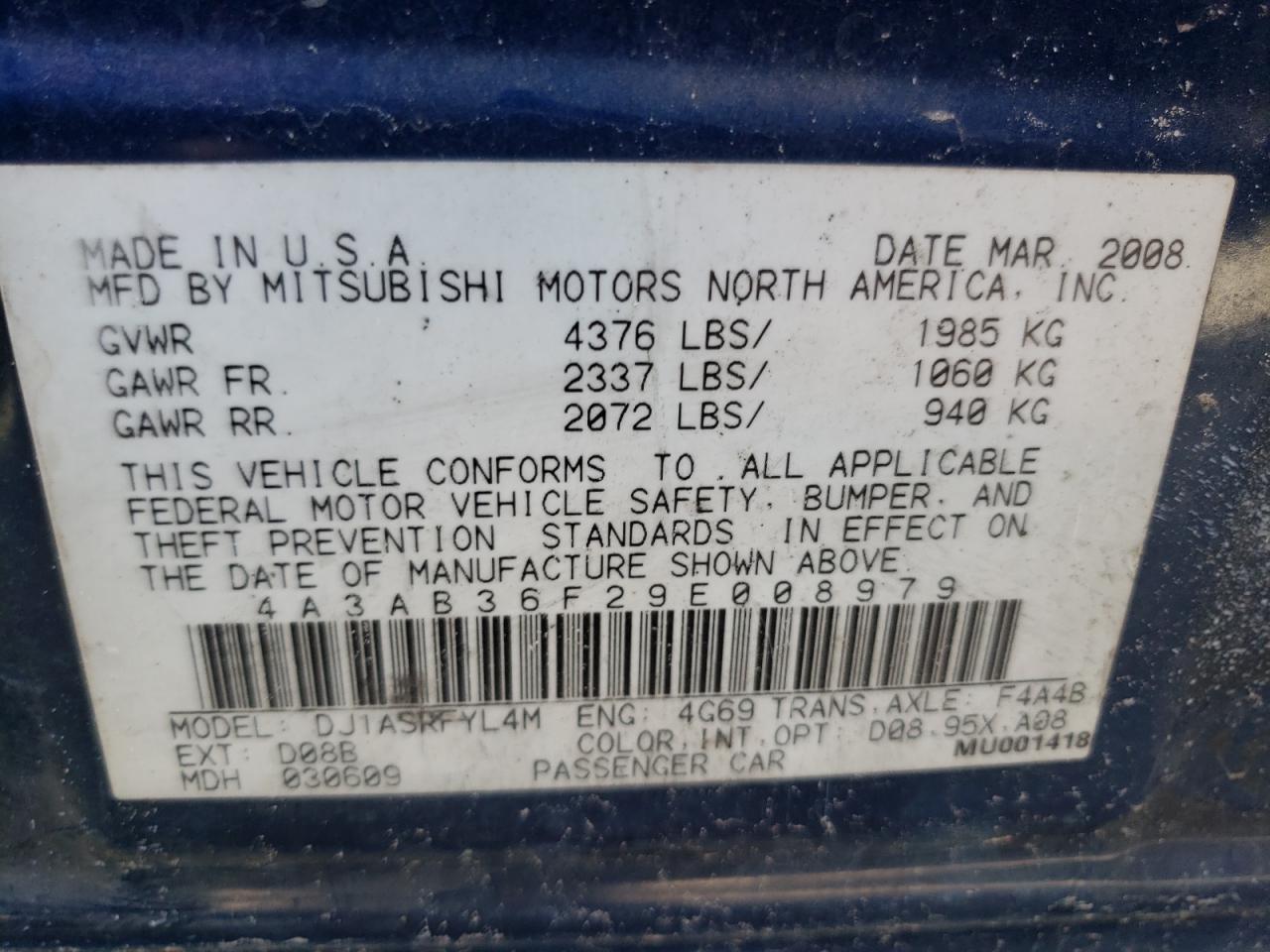Photo 10 from auction – 2009 MITSUBISHI GALANT ES with VIN 4A3AB36F29E008979