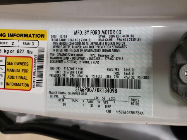 Photo 10 from auction – 2019 FORD FUSION S with VIN 3FA6P0G77KR134098