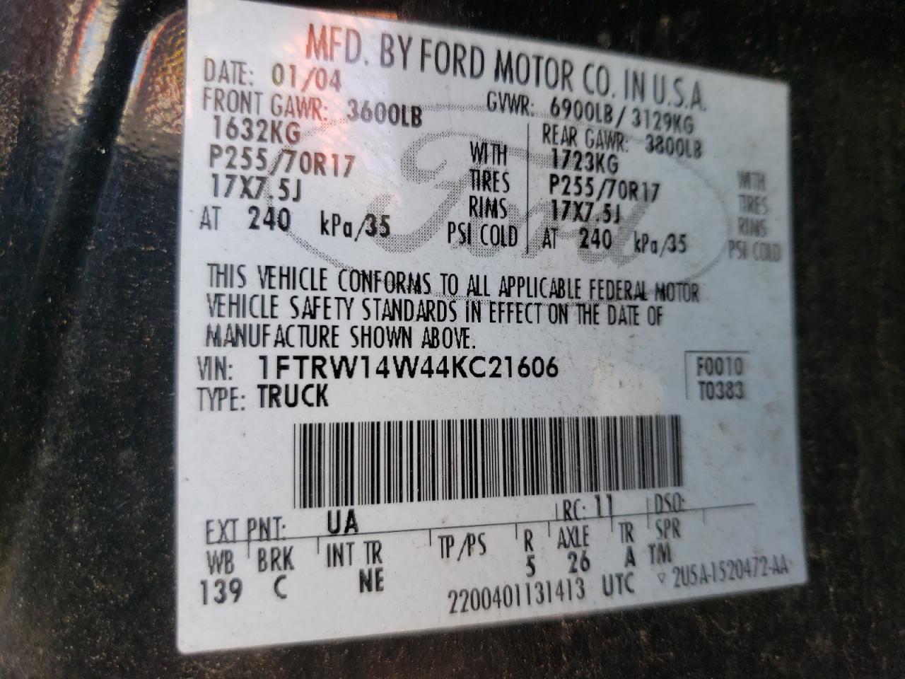 Photo 10 from auction – 2004 FORD F150 SUPER with VIN 1FTRW14W44KC21606