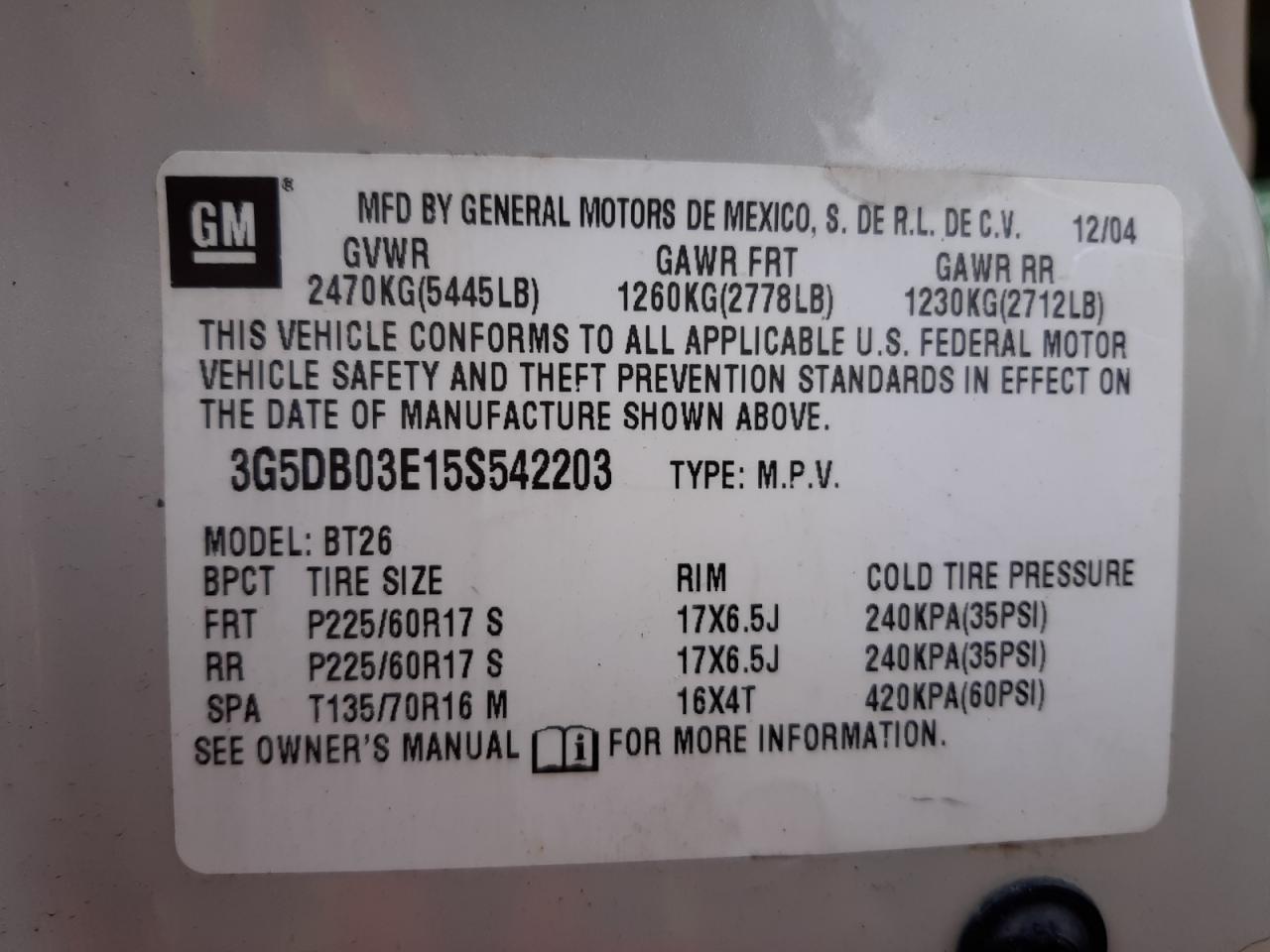 Photo 10 from auction – 2005 BUICK RENDEZVOUS with VIN 3G5DB03E15S542203