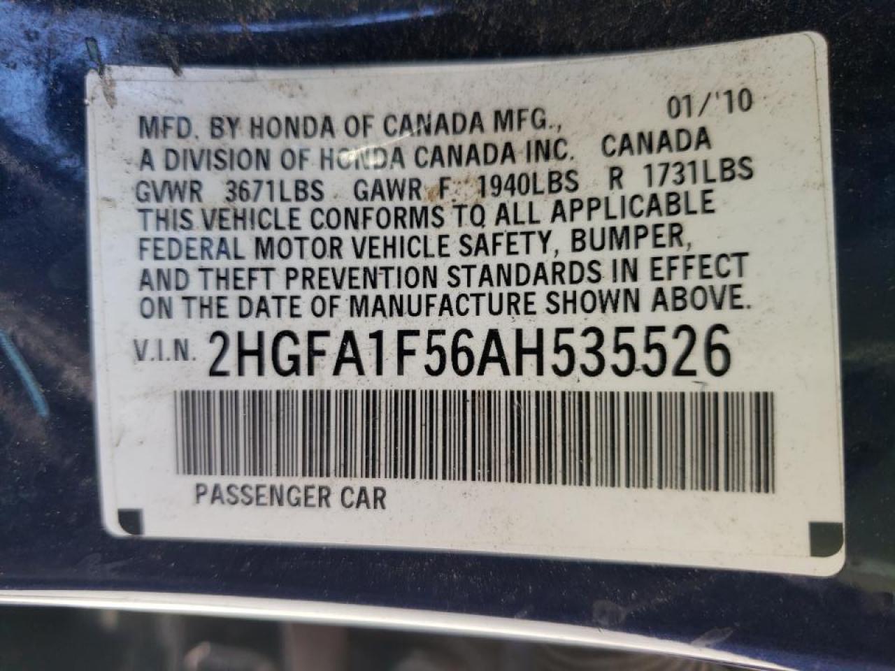 Photo 10 from auction – 2010 HONDA CIVIC LX with VIN 2HGFA1F56AH535526